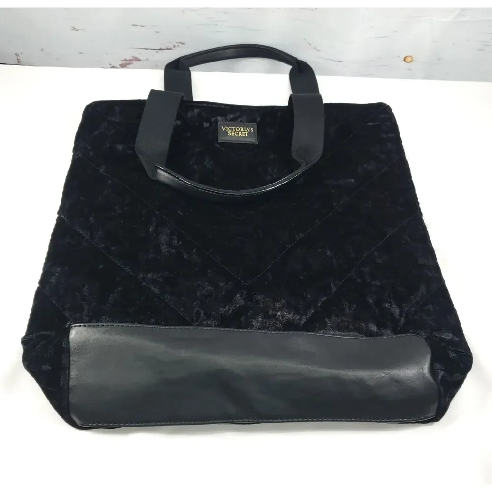 Women's Victoria's Secret Tote Bag Black Quilted Velvet Medium Shoulder Straps‎